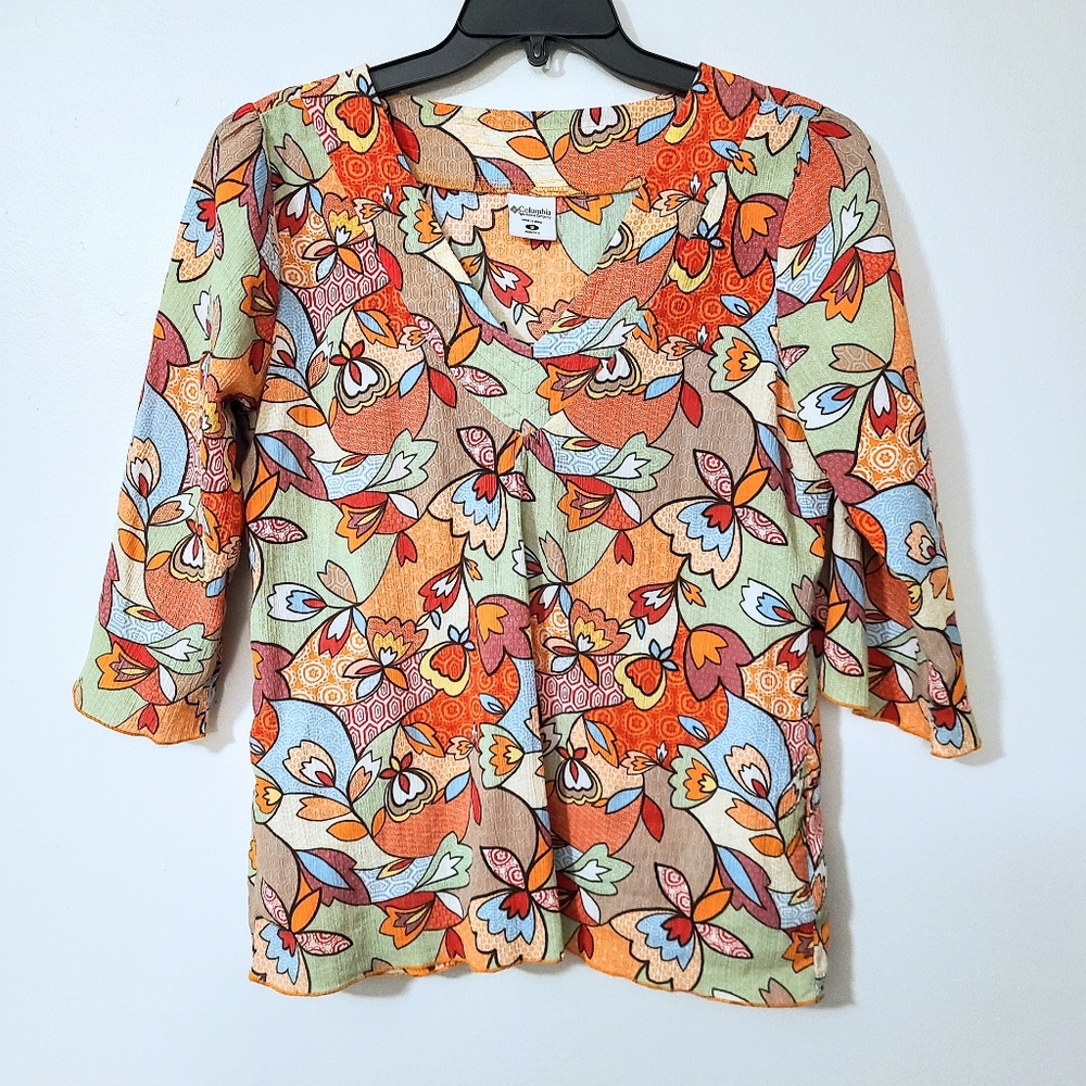 Columbia Orange & Red Floral Mandala V-Neck Summer 100% Cotton 3/4 Sleeve Blouse